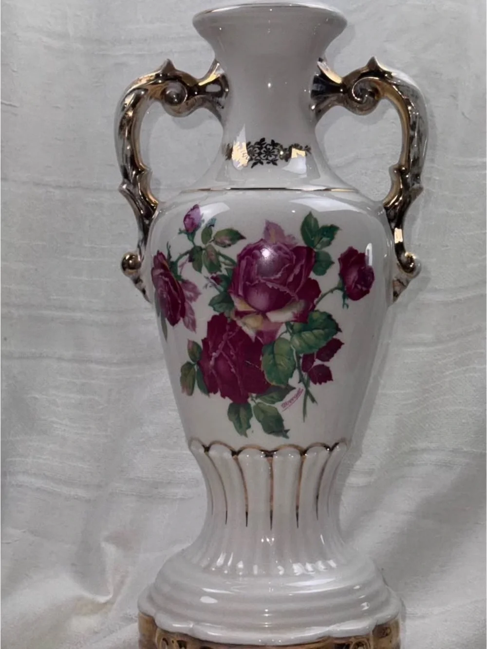 Source Unknown White Porcelain Lantern with Pink Rose Motif and Gold Accents